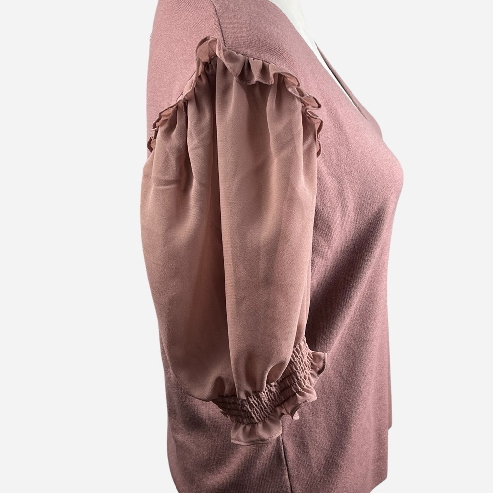 NEW Sioni Milano Mixed Media Ruffle Sleeve Blouse L Soft Knit Heather Salmon - Picture 4 of 12